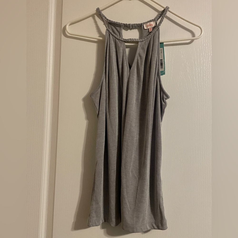 Pixley Georgio Braided‎ Neckline Halter Knit Top Grey Stripe XS NEW Nautical